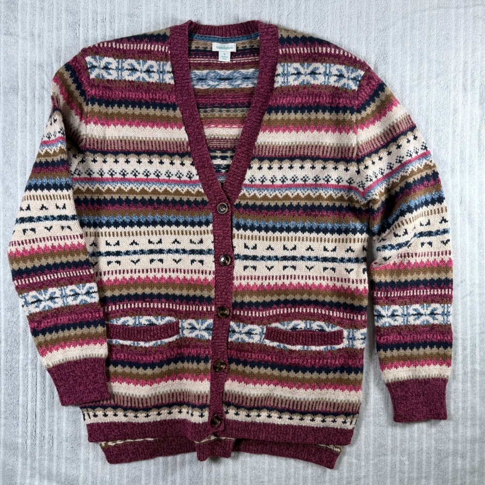 Sundance All's Fair Isle Plum Boyfriend Cardigan Sweater S Boho Cozy Oversized